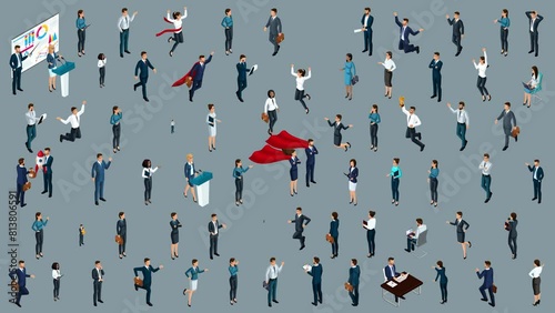 High-quality Video isometry. Large set of isometric businessmen of different nationalities. Gradually appear
