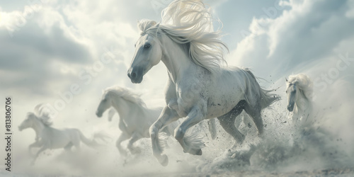 An ethereal image capturing the power and beauty of white horses thundering through a billowing cloud of dust under a dramatic sky