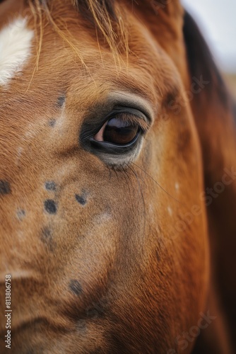 Detailed close up showing a brown horse s eye and textured coat with visible eyelashes and spots