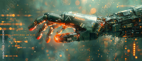 A detailed image of a highly sophisticated robotic arm, showcasing intricate circuitry and glowing elements, representing cutting-edge technology in robotics.
