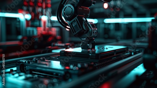 A close-up of a new generation of AI robotic arms ready for use in a production line. Computer manufacturing. Dark black colors.