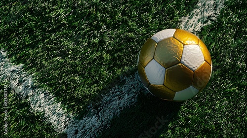 Top View of a gold and white Soccer Ball next to a white Line on a green Pitch. Football Background