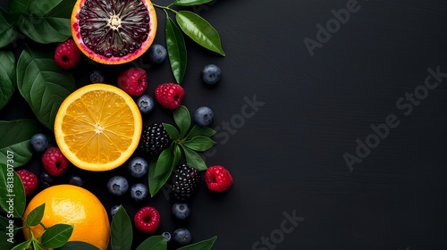 Colorful assortment of fresh fruits and berries on a dark background