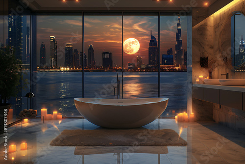 Night view on Dubai city from luxury hotel bathroom during full moon. Travel concept.