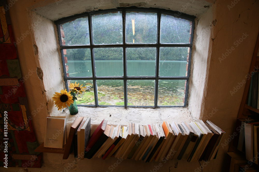 Books on the window sill, reading time with a view of the fjord in Norway