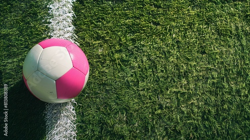 Wallpaper Mural Top View of a magenta and white Soccer Ball next to a white Line on a green Pitch. Football Background Torontodigital.ca