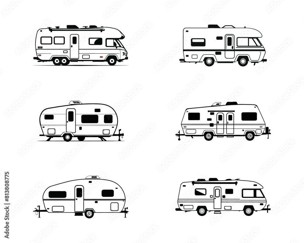 Drawn Rv Set of RV Camper trailer Motor Home silhouette. Campervan RV caravan ...