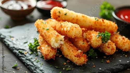 Dishes of American cuisine. Cheese sticks in breadcrumbs. 