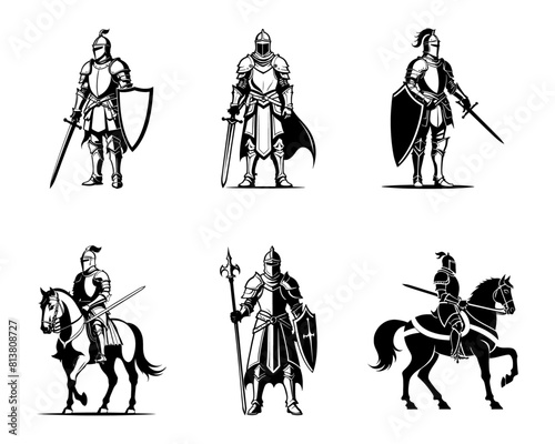 set of Knights and medieval warriors silhouette and outline vector illustration. The middle ages soldiers, Ancient warriors and heraldry element detailed hand drawn clip art. 