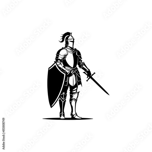 set of Knights and medieval warriors silhouette and outline vector illustration. The middle ages soldiers, Ancient warriors and heraldry element detailed hand drawn clip art. 