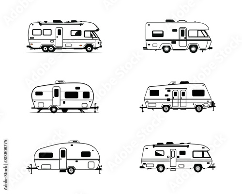 Set of RV Camper trailer Motor Home silhouette. Campervan RV caravan vehicle isolated in white. camping car, Travel SUV, pickup, truck and transport vector illustration. hand drawn stock clip art