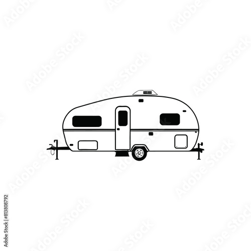 RV Camper trailer Motor Home silhouette. Campervan RV caravan vehicle isolated in white. camping car, Travel SUV, pickup, truck and transport vector illustration. hand drawn stock clip art