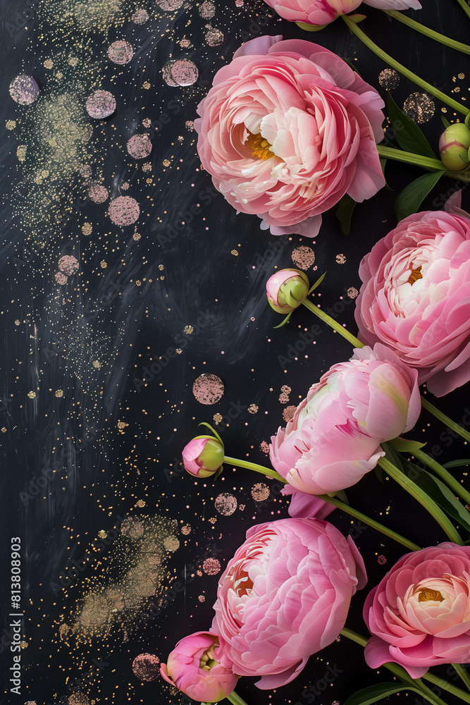 pink peonies and ranunculus flowers , border frame on a black ...