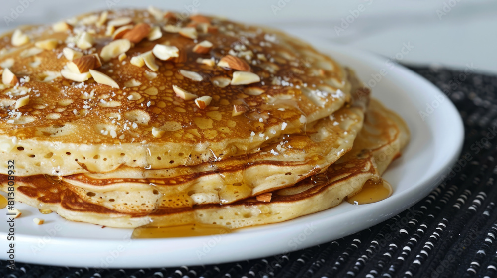 Delectable moroccan pancakes topped with honey and sprinkled with sliced almonds, served on a white plate against a textured background Delectable moroccan pancakes topped with honey and sprinkled with sliced almonds, served on a white plate against a textured background