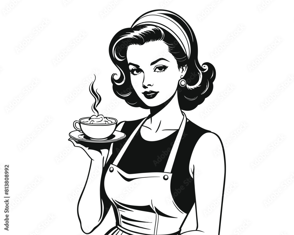 retro 80s style hand drawing of a waitress serving coffee or tea. female barista in vintage style. beautiful woman waiter of a restaurant or coffee shop. vector illustration