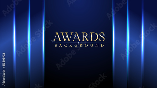 Dark blue luxury awards graphics background with light neon elegant shine spotlight effects. Premium corporate abstract design template. Banner certificate dynamic shape.