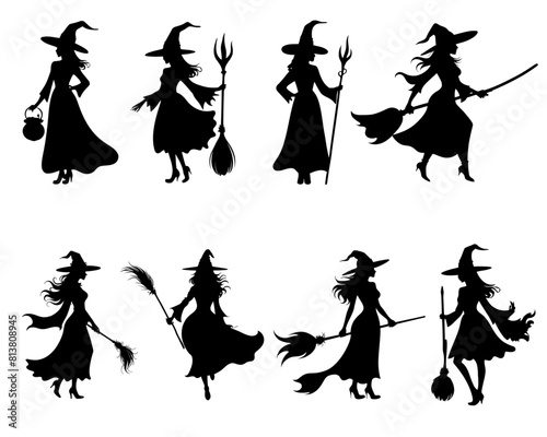 set of witches silhouettes vector illustration. collection of mythical characters for Halloween witch drawing black and white. Magic female in witch hat outline clip art.