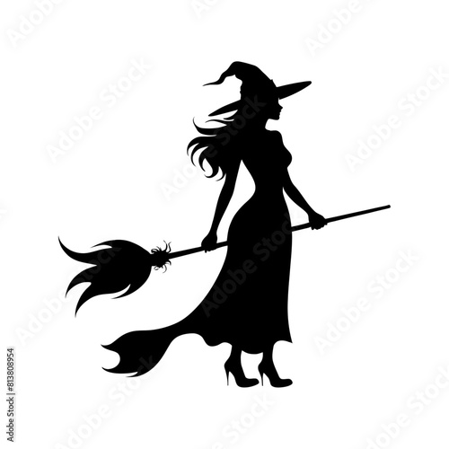 witches silhouettes vector illustration. mythical characters for Halloween witch drawing black and white. Magic female in witch hat outline clip art.