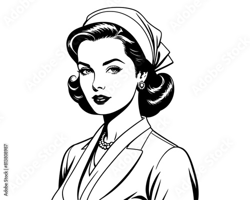beautiful woman nurse portrait line art. female medical worker hand drawing vector illustration.