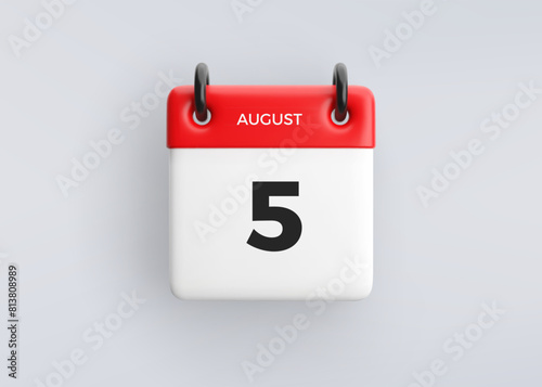 3D calendar icon with date 5 august on grey background. Vector schedule symbol.