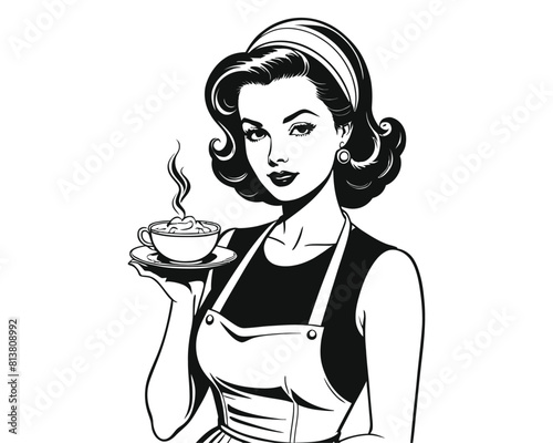 retro 80s style hand drawing of a waitress serving coffee or tea. female barista in vintage style. beautiful woman waiter of a restaurant or coffee shop. vector illustration