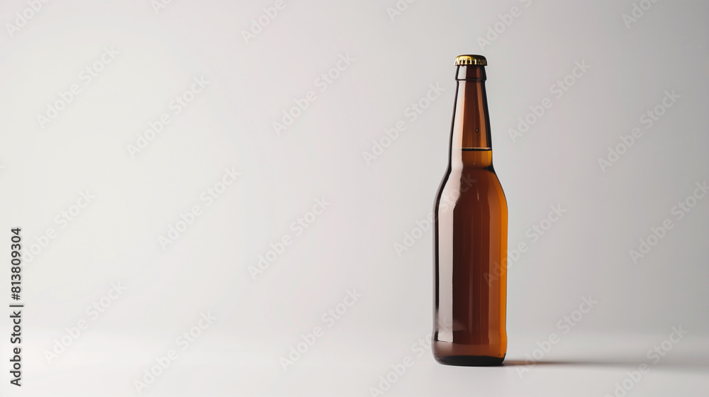 A single beer bottle with a sleek and modern design is showcased against a minimalist white background, emphasizing its simplicity and elegance. The clean composition and soft lighting highlight A single beer bottle with a sleek and modern design is showcased against a minimalist white background, emphasizing its simplicity and elegance. The clean composition and soft lighting highlight