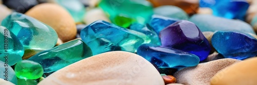Colorful gemstones on a beach, textured sea glass photo