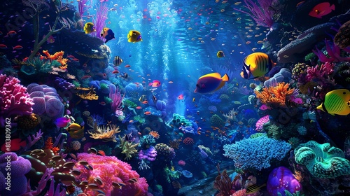 Underwater world full of vibrant coral and colorful fish.