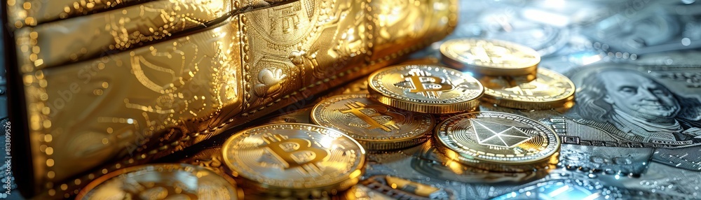 A conceptual image of a digital wallet overflowing with virtual coins influenced by targeted marketing Style Conceptual, Color Gold and digital blues, Technique Illustration A conceptual image of a digital wallet overflowing with virtual coins influenced by targeted marketing Style Conceptual, Color Gold and digital blues, Technique Illustration