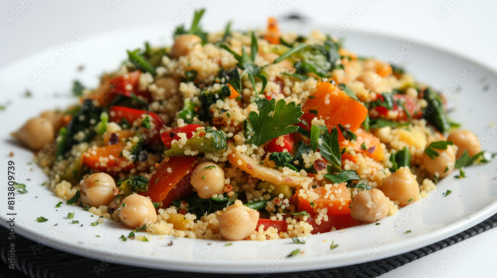 Authentic moroccan couscous salad with chickpeas, carrots, parsley, and vibrant seasoning, perfect for a healthy and colorful meal Authentic moroccan couscous salad with chickpeas, carrots, parsley, and vibrant seasoning, perfect for a healthy and colorful meal