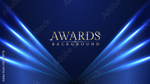 Dark blue luxury awards graphics background with light neon elegant shine spotlight effects. Premium corporate abstract design template. Banner certificate dynamic shape.