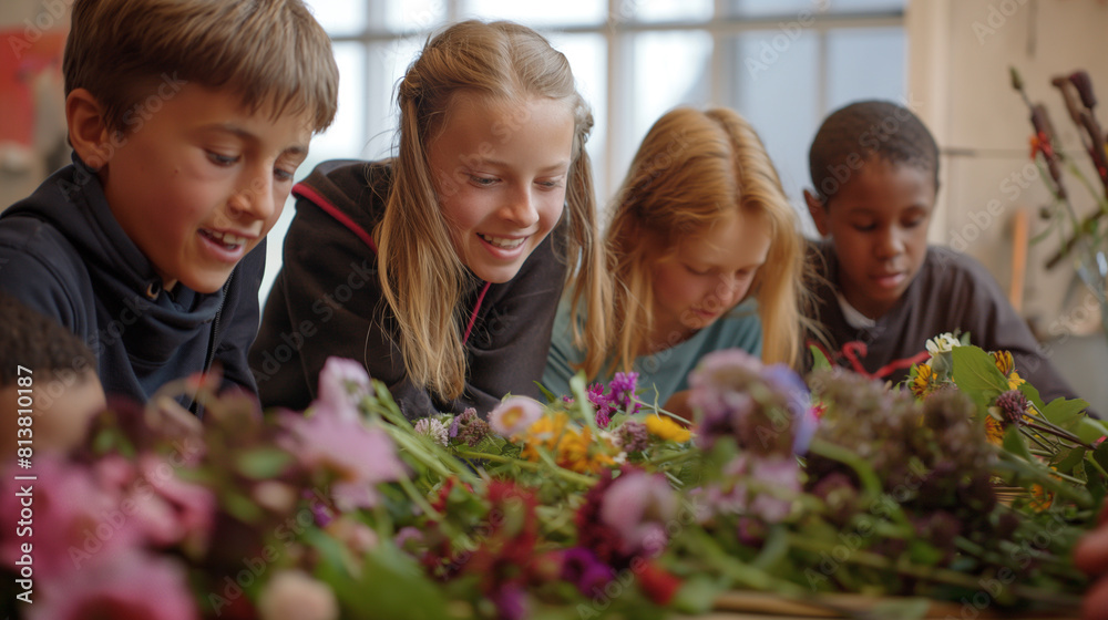 Fototapeta premium Young Girls Engaged in a Floral Art Class, Creating Flower Arrangements. Generative AI