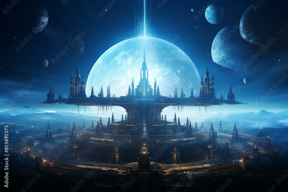 Fototapeta premium Majestic digital art of a city with advanced architecture against a cosmic backdrop with planets