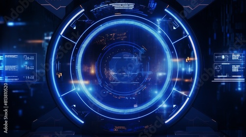 Futuristic HUD HeadsUp Display with complex geometric overlays and a deep blue digital matrix as a backdrop