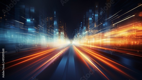Highspeed visualization of data transfer with streaks of light racing across a dark, abstract technologythemed backdrop