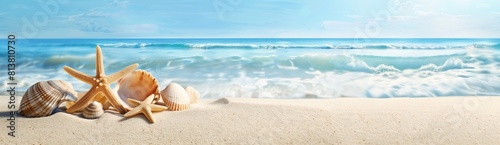 A panoramic view of the sandy beach with seashells and starfish  set against an azure ocean backdrop on a clear summer day