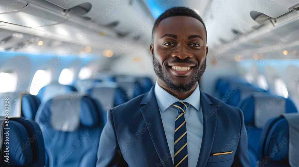 Handsome black man flight attendant smiling standing in the middle of an airplane cabin.
Handsome black man flight attendant smiling standing in the middle of an airplane cabin.