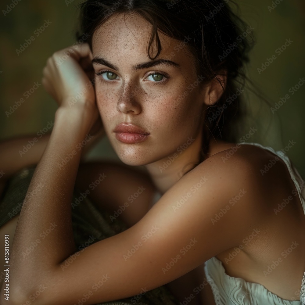 Portrait of a radiant young woman with freckles posing for a stylish and natural beauty photoshoot Portrait of a radiant young woman with freckles posing for a stylish and natural beauty photoshoot