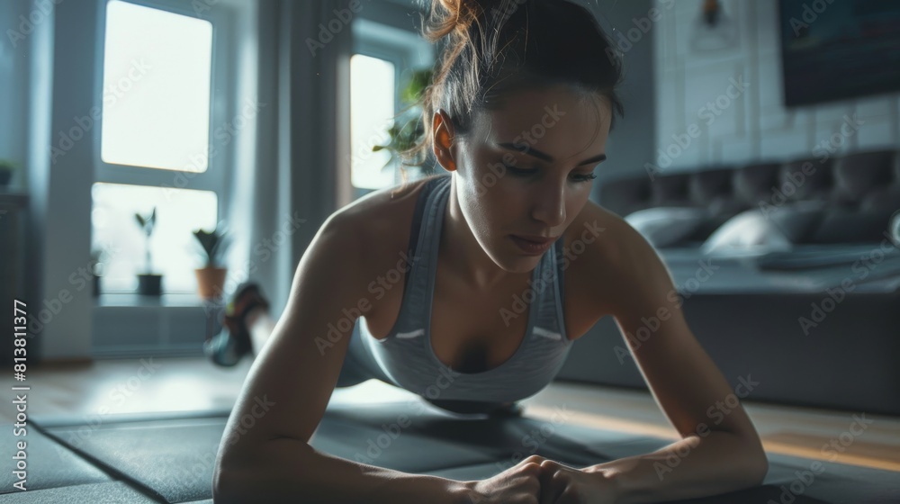 In her bright and spacious apartment with a cozy minimalistic interior, this strong confident and beautiful fitness girl is performing push-up exercise exercises. In her bright and spacious apartment with a cozy minimalistic interior, this strong confident and beautiful fitness girl is performing push-up exercise exercises.