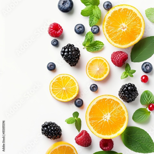 Colorful assortment of fresh fruits and berries on a dark background © BG_Illustrations