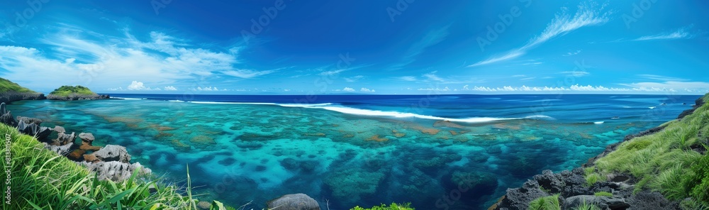 panoramic view of the blue sea with coral reefs and green grass on their edges