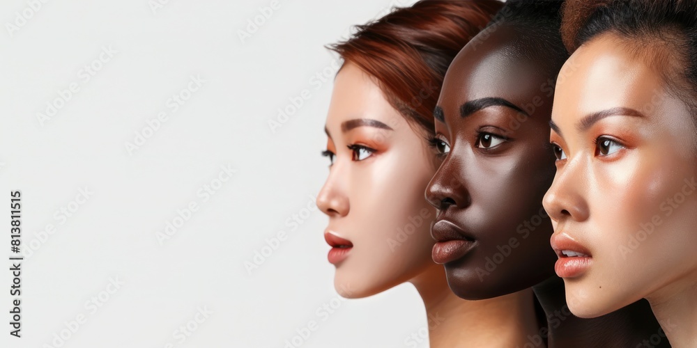 Multi-ethnic beauty of different skin tones, an Asian woman, black women and a white on white background with copy space. Multi-ethnic beauty of different skin tones, an Asian woman, black women and a white on white background with copy space.