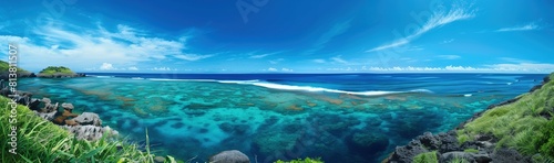 panoramic view of the blue sea with coral reefs and green grass on their edges