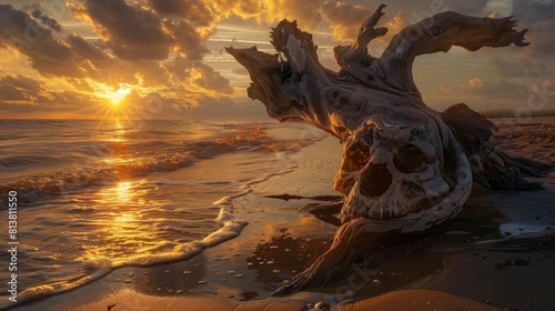 Driftwood Skull on Sandy Beach at Sunset  © Franz Rainer