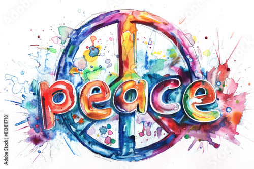 the word "peace" and the peace sign in style of an aquarelle