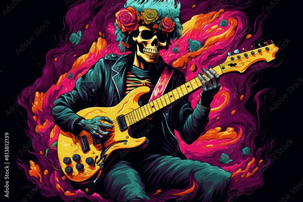 Obraz premium Vibrant illustration of a skeleton playing an electric guitar amidst colorful flames