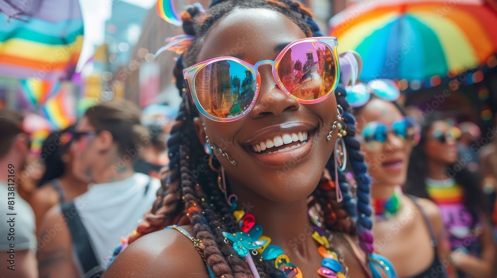 Happy smiling woman with rainbow accessories at a pride parade Happy smiling woman with rainbow accessories at a pride parade
