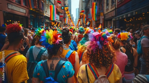 Crowd of people from behind at a Pride parade photo