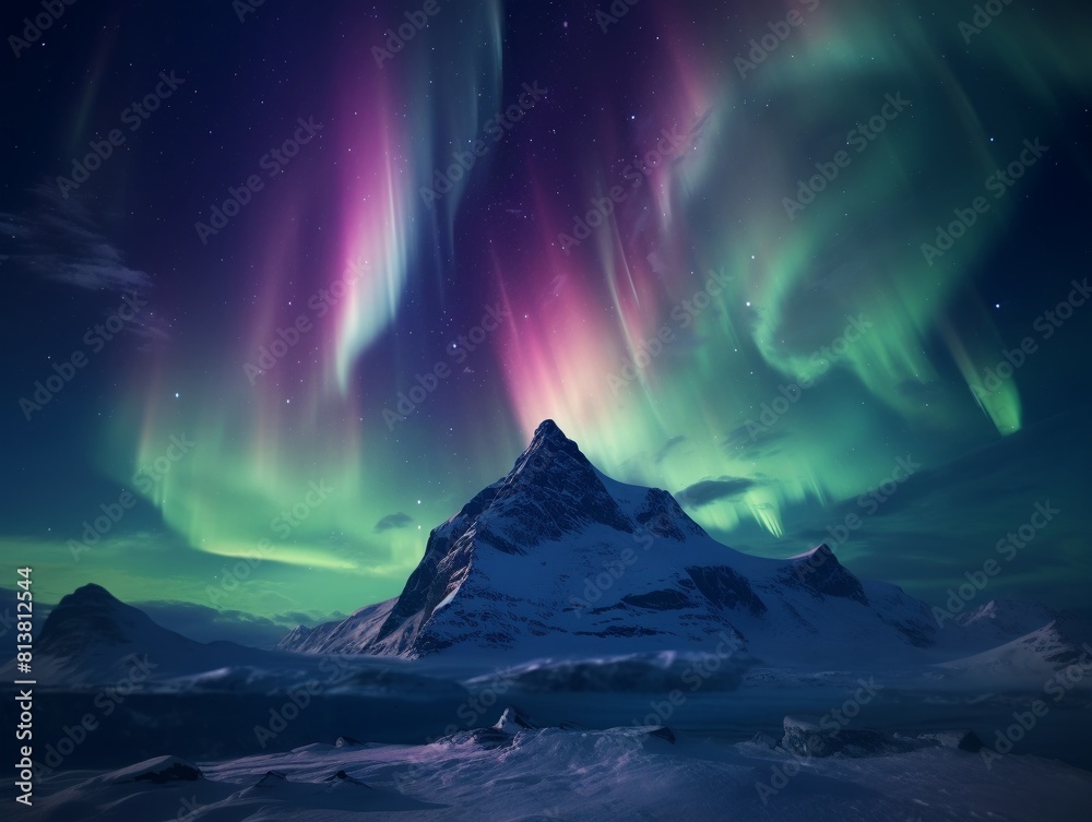 The image shows a beautiful landscape with a mountain, snow and aurora in the sky. The image shows a beautiful landscape with a mountain, snow and aurora in the sky.