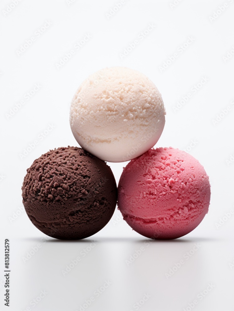 Three ice cream scoops of different flavors stacked on top of each other. The bottom scoop is chocolate, the middle scoop is vanilla, and the top scoop is strawberry. Three ice cream scoops of different flavors stacked on top of each other. The bottom scoop is chocolate, the middle scoop is vanilla, and the top scoop is strawberry.